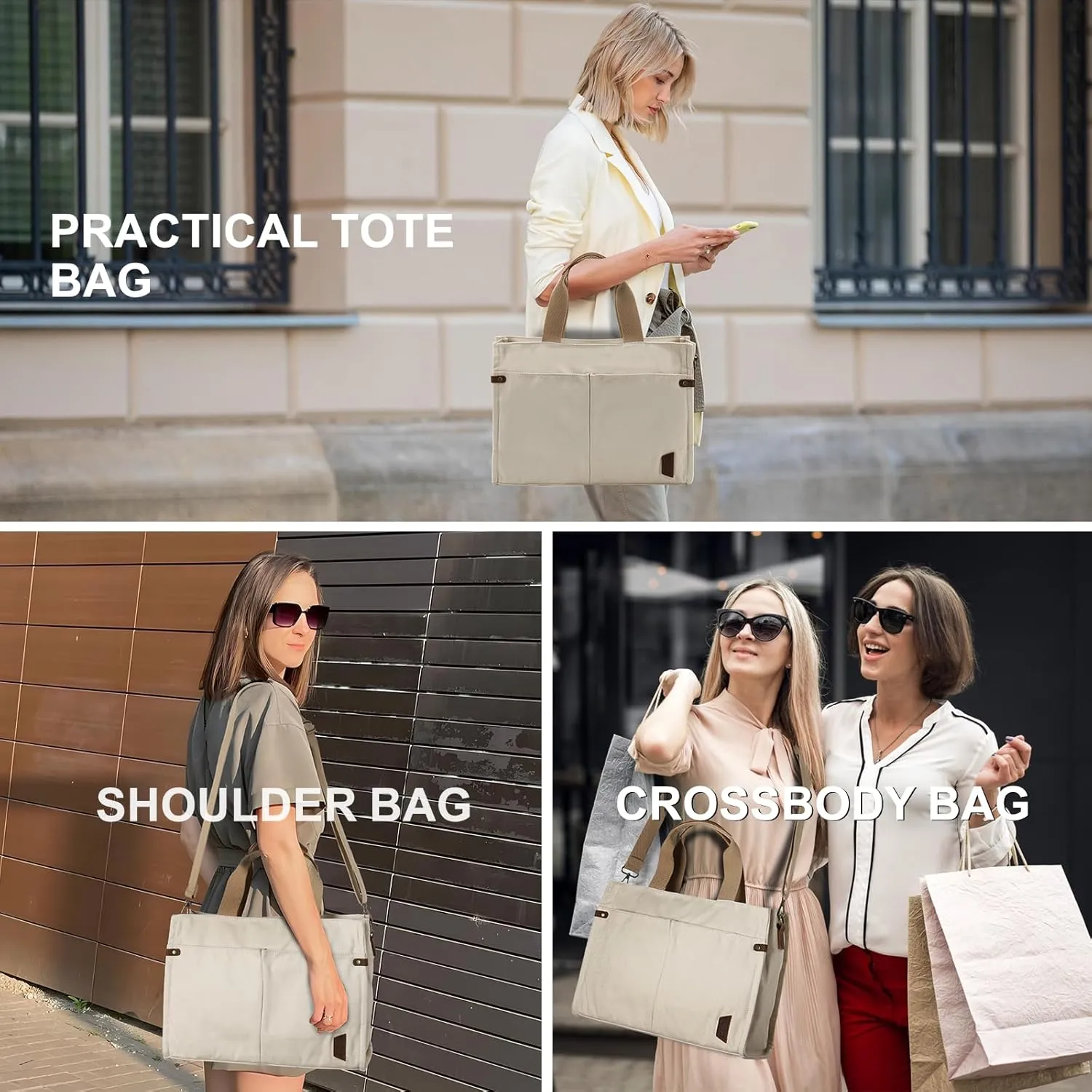 VASCHY Canvas Tote Bag for Women, Casual Sturdy Work Satchel Teachers Tote Purse with Zippers Pockets Crossbody Shoulder Bag