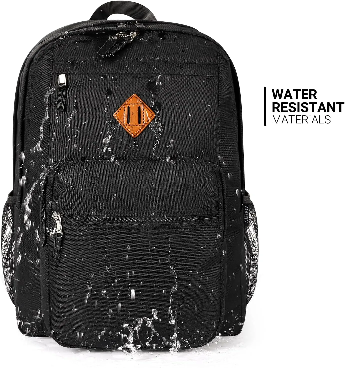 ZORFIN 26L Black Backpack for School, College, and Travel: Water Resistant Bookbag with 8 Compartments
