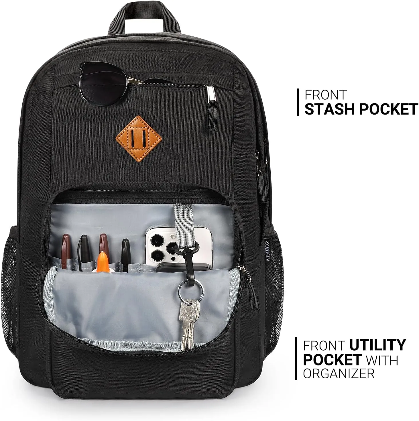 ZORFIN 26L Black Backpack for School, College, and Travel: Water Resistant Bookbag with 8 Compartments