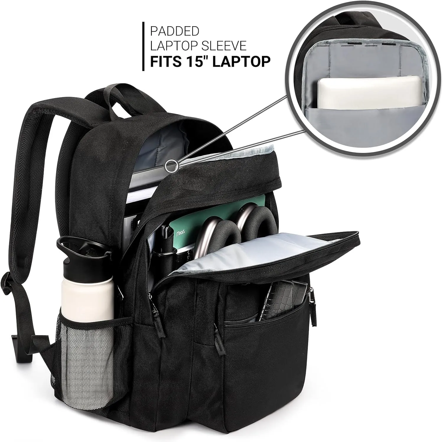 ZORFIN 26L Black Backpack for School, College, and Travel: Water Resistant Bookbag with 8 Compartments